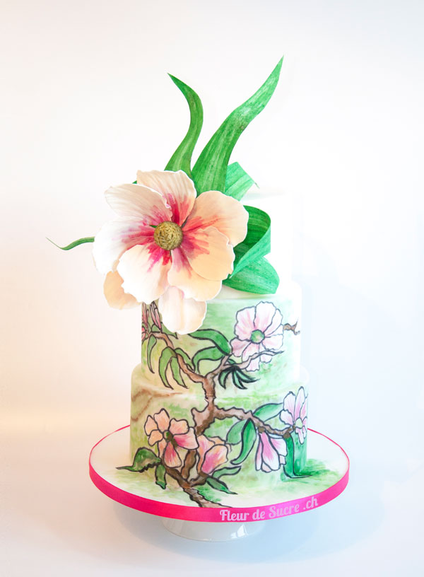 Hochzeitstorte weiss grün rosa Magnolie